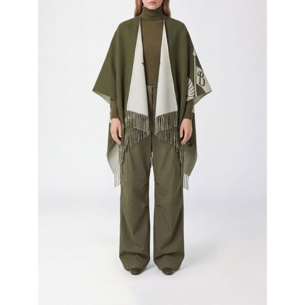 Burberry Women Asymmetric Wool And Cashmere Burberry Cape With Fringes And Logo